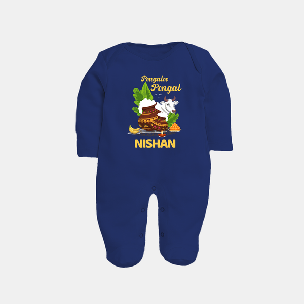 Pongalo Pongal with Cow & Sugarcane | Customized Fullbody Suit for Kid - NAVY BLUE - New Born (Chest 7.5")