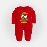 Pongalo Pongal with Cow & Sugarcane | Customized Fullbody Suit for Kid - RED - New Born (Chest 7.5")