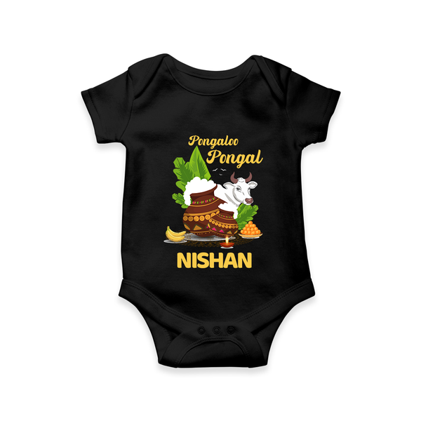 Pongalo Pongal with Cow & Sugarcane | Customized Romper for baby - BLACK - New Born (Chest 14")