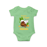 Pongalo Pongal with Cow & Sugarcane | Customized Romper for baby - GREEN - New Born (Chest 14")