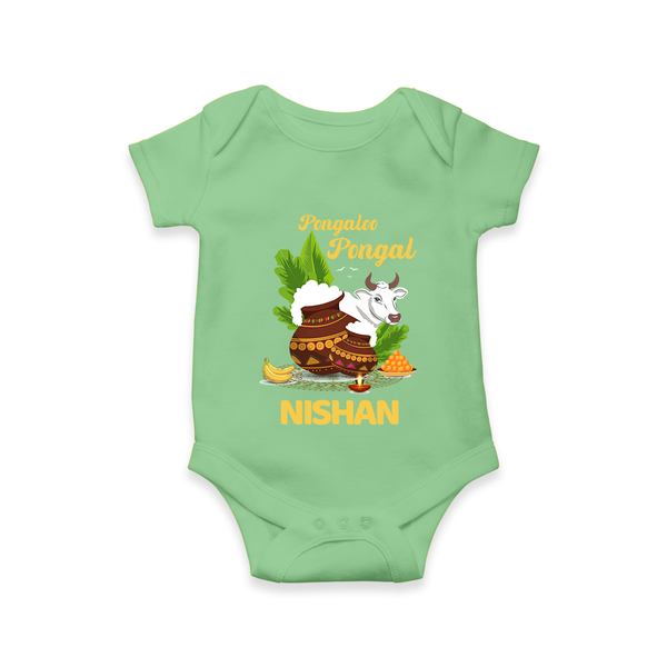 Pongalo Pongal with Cow & Sugarcane | Customized Romper for baby - GREEN - New Born (Chest 14")