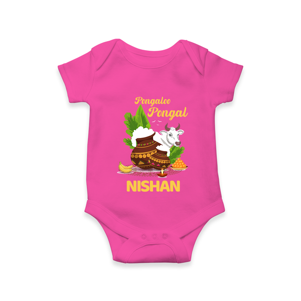 Pongalo Pongal with Cow & Sugarcane | Customized Romper for baby - HOT PINK - New Born (Chest 14")