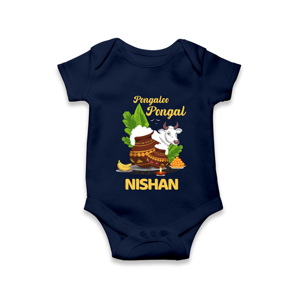 Pongalo Pongal with Cow & Sugarcane | Customized Romper for baby - NAVY BLUE - New Born (Chest 14")