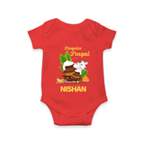 Pongalo Pongal with Cow & Sugarcane | Customized Romper for baby - RED - New Born (Chest 14")