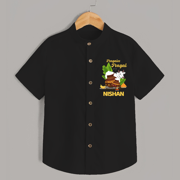 Pongalo Pongal with Cow & Sugarcane | Customized Shirt for Kid - BLACK - 0 - 6 Months Old (Chest 23")