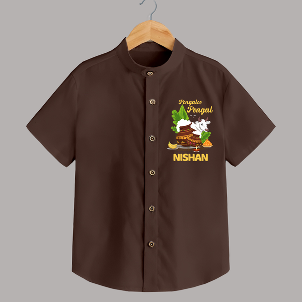 Pongalo Pongal with Cow & Sugarcane | Customized Shirt for Kid - CHOCOLATE BROWN - 0 - 6 Months Old (Chest 23")