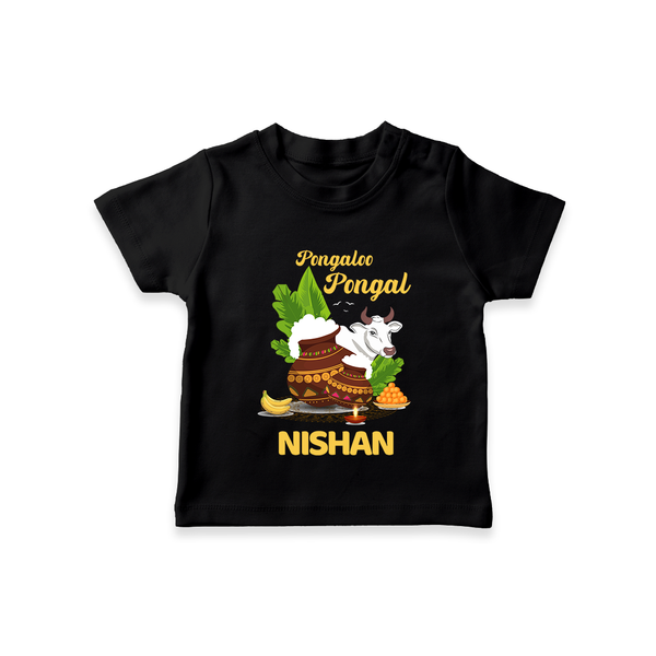 Pongalo Pongal with Cow & Sugarcane | Customized T-Shirt for Kid - BLACK - 0-5 Months Old (Chest 17")
