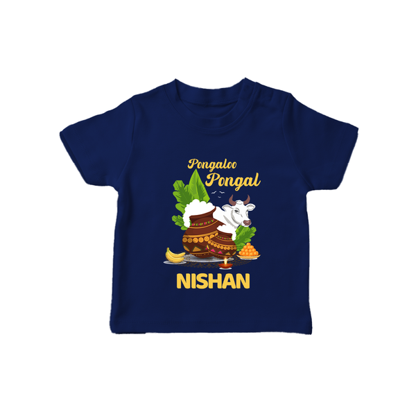 Pongalo Pongal with Cow & Sugarcane | Customized T-Shirt for Kid - NAVY BLUE - 0-5 Months Old (Chest 17")