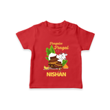 Pongalo Pongal with Cow & Sugarcane | Customized T-Shirt for Kid - RED - 0-5 Months Old (Chest 17")