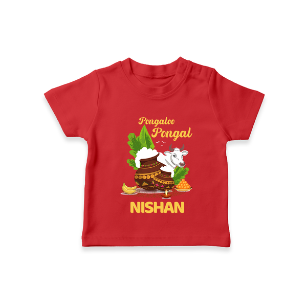 Pongalo Pongal with Cow & Sugarcane | Customized T-Shirt for Kid - RED - 0-5 Months Old (Chest 17")