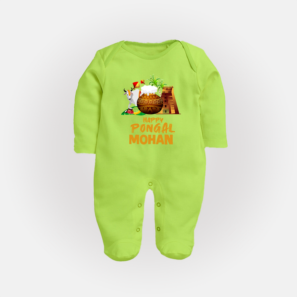 Happy Pongal  | Personalized Kids Fullbody Suit  - LIME GREEN - New Born (Chest 7.5")