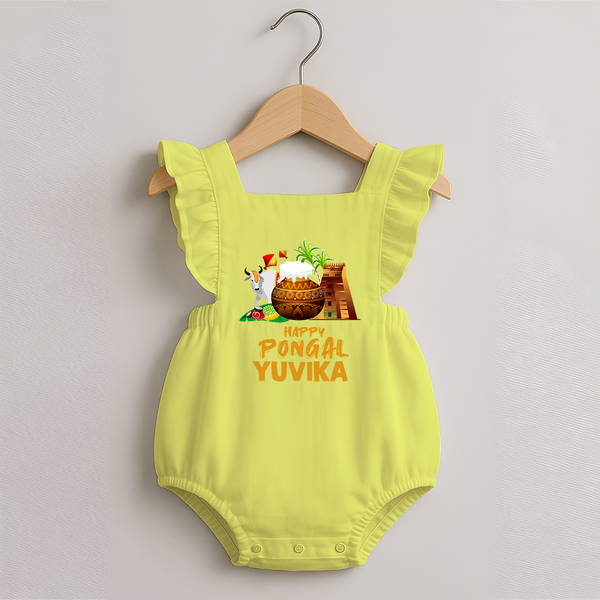 Happy Pongal  | Personalized Kids Romper frock   - PASTEL YELLOW - 0 - 3 Months Old (Chest 19")