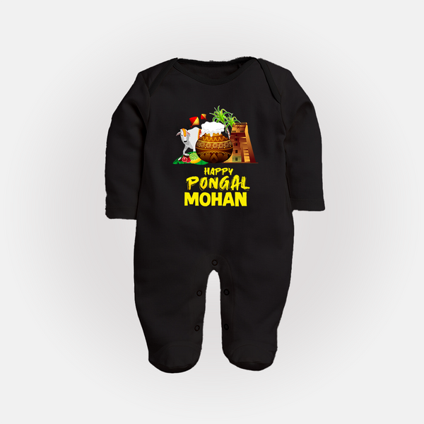 Happy Pongal  | Personalized Kids Fullbody Suit  - BLACK - New Born (Chest 7.5")