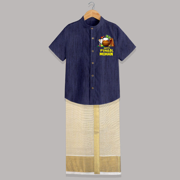 Happy Pongal  | Personalized Kids Shirt & Dhoti  - DARK BLUE - 0 - 6 Months Old (Chest-23") (Dhoti length-14")