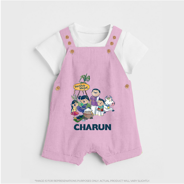 Cute Pongal Family Illustration | Customized Dungaree for Kid - BABY PINK - 0 - 5 Months Old (Chest 18")