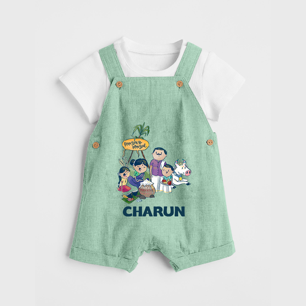 Cute Pongal Family Illustration | Customized Dungaree for Kid - MINT GREEN - 0 - 5 Months Old (Chest 18")