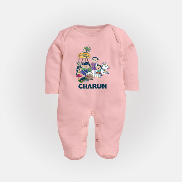 Cute Pongal Family Illustration | Customized Fullbody Suit for Kid - BABY PINK - New Born (Chest 7.5")