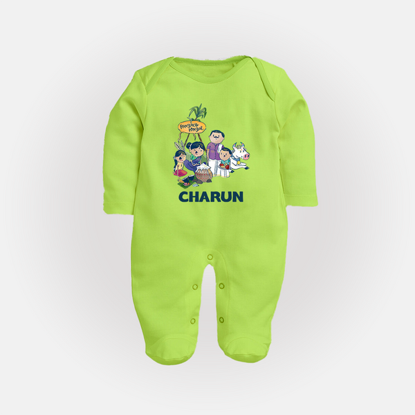 Cute Pongal Family Illustration | Customized Fullbody Suit for Kid - LIME GREEN - New Born (Chest 7.5")