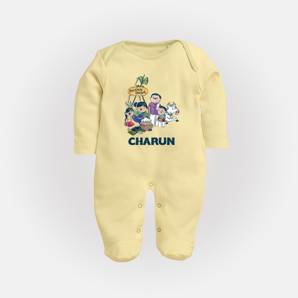Cute Pongal Family Illustration | Customized Fullbody Suit for Kid - PASTEL YELLOW - New Born (Chest 7.5")