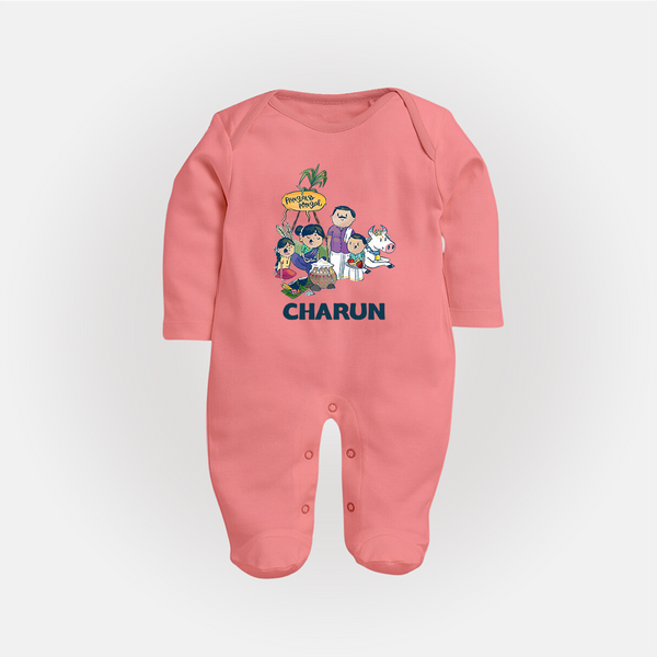 Cute Pongal Family Illustration | Customized Fullbody Suit for Kid - PEACH - New Born (Chest 7.5")