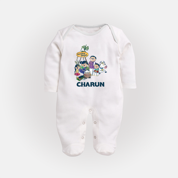 Cute Pongal Family Illustration | Customized Fullbody Suit for Kid - WHITE - New Born (Chest 7.5")