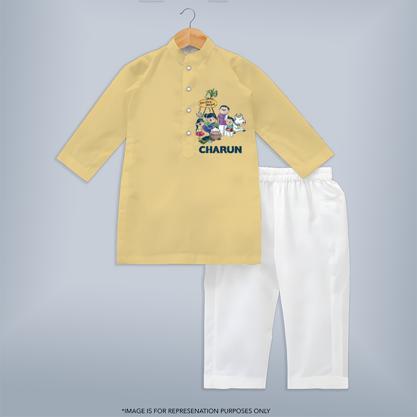 Cute Pongal Family Illustration | Customized Kurta  for Kid - PASTEL YELLOW - 3 - 6 Months Old (Chest 24", Kurta Length 14'', Waist 19", Pant Length 14")