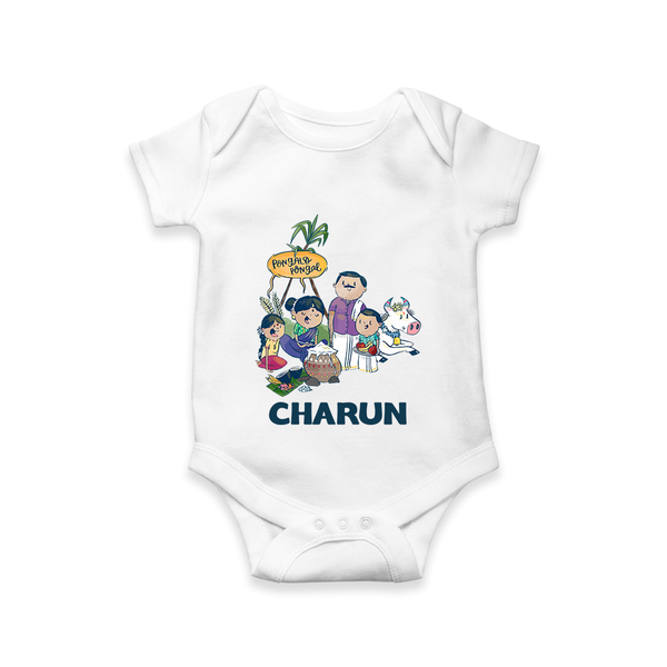 Cute Pongal Family Illustration | Customized Romper for baby - WHITE - New Born (Chest 14")