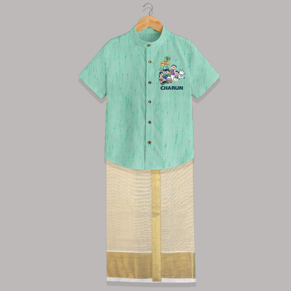 Cute Pongal Family Illustration | Customized Shirt & Dhoti for Kid - AQUA GREEN - 0 - 6 Months Old (Chest-23") (Dhoti length-14")