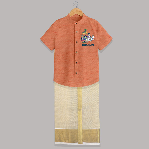 Cute Pongal Family Illustration | Customized Shirt & Dhoti for Kid - ORANGE - 0 - 6 Months Old (Chest-23") (Dhoti length-14")