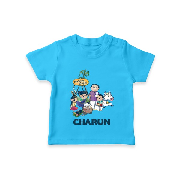Cute Pongal Family Illustration | Customized T-Shirt for Kid - SKY BLUE - 0-5 Months Old (Chest 17")