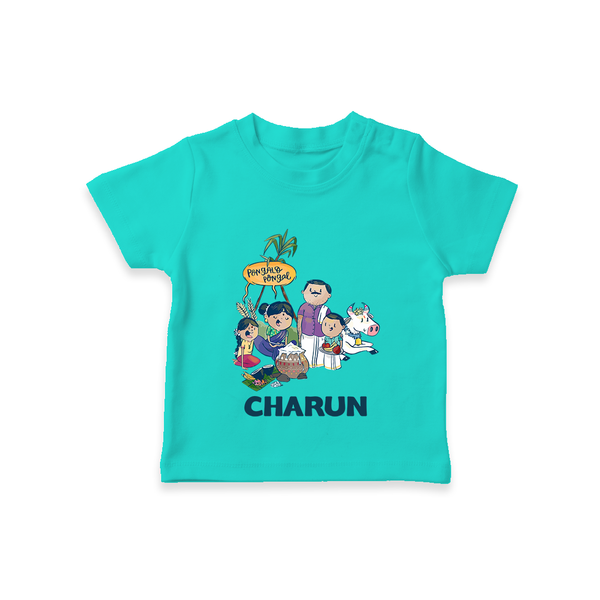 Cute Pongal Family Illustration | Customized T-Shirt for Kid - TEAL - 0-5 Months Old (Chest 17")