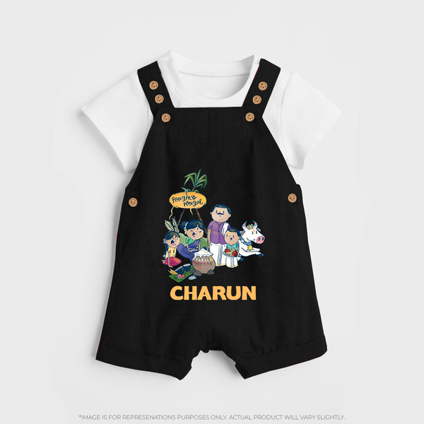 Cute Pongal Family Illustration | Customized Dungaree for Kid - BLACK - 0 - 5 Months Old (Chest 18")