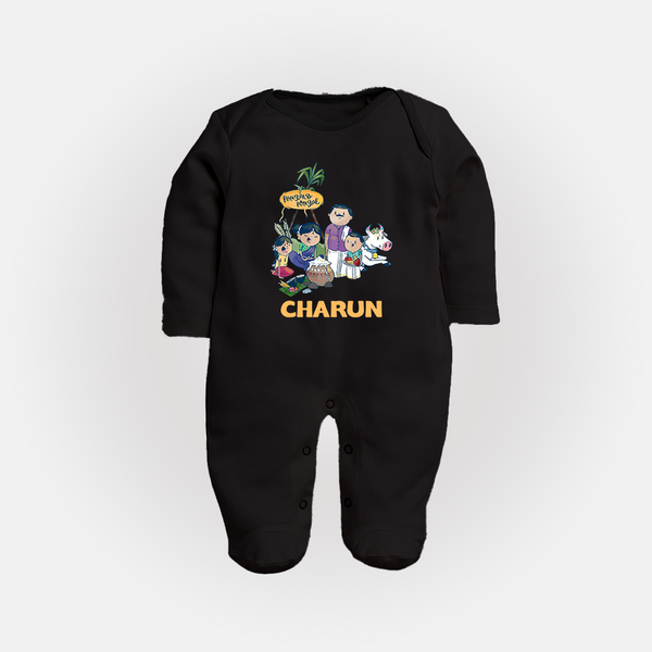 Cute Pongal Family Illustration | Customized Fullbody Suit for Kid - BLACK - New Born (Chest 7.5")
