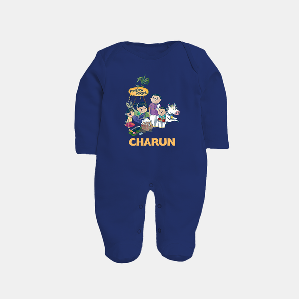Cute Pongal Family Illustration | Customized Fullbody Suit for Kid - NAVY BLUE - New Born (Chest 7.5")