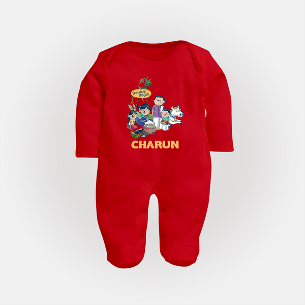 Cute Pongal Family Illustration | Customized Fullbody Suit for Kid - RED - New Born (Chest 7.5")