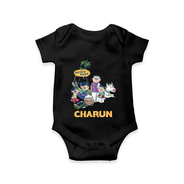Cute Pongal Family Illustration | Customized Romper for baby - BLACK - New Born (Chest 14")