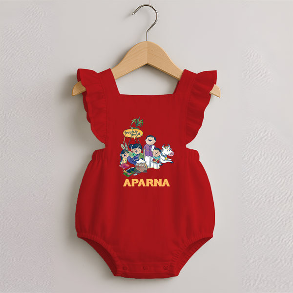 Cute Pongal Family Illustration | Customized Romper frock  for Kid - RED - 0 - 3 Months Old (Chest 19")
