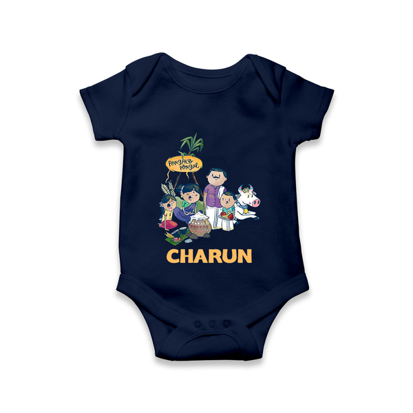 Cute Pongal Family Illustration | Customized Romper for baby - NAVY BLUE - New Born (Chest 14")