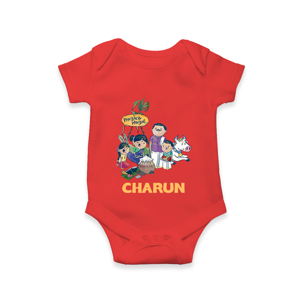 Cute Pongal Family Illustration | Customized Romper for baby - RED - New Born (Chest 14")
