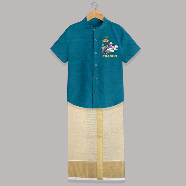 Cute Pongal Family Illustration | Customized Shirt & Dhoti for Kid - PEACOCK BLUE - 0 - 6 Months Old (Chest-23") (Dhoti length-14")