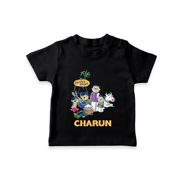 Cute Pongal Family Illustration | Customized T-Shirt for Kid - BLACK - 0-5 Months Old (Chest 17")