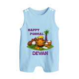 Happy Pongal Traditional Pot Print Kids Dungaree  with Name | Customized Romper Suit for Kid - BABY BLUE - 0 - 5 Months Old (Chest 18")