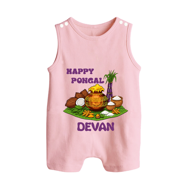 Happy Pongal Traditional Pot Print Kids Dungaree  with Name | Customized Romper Suit for Kid - BABY PINK - 0 - 5 Months Old (Chest 18")
