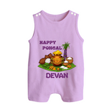 Happy Pongal Traditional Pot Print Kids Dungaree  with Name | Customized Romper Suit for Kid - LILAC - 0 - 5 Months Old (Chest 18")