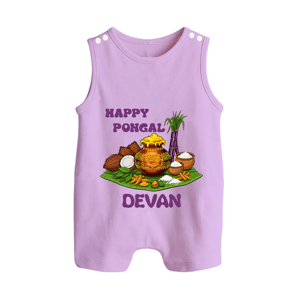 Happy Pongal Traditional Pot Print Kids Dungaree  with Name | Customized Romper Suit for Kid - LILAC - 0 - 5 Months Old (Chest 18")