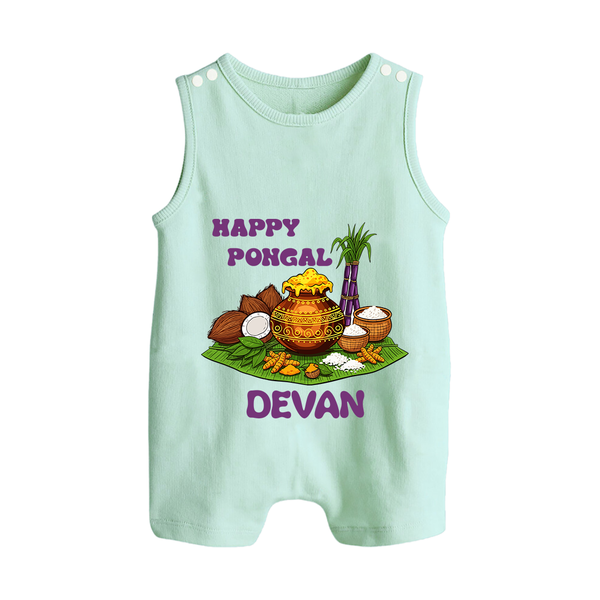 Happy Pongal Traditional Pot Print Kids Dungaree  with Name | Customized Romper Suit for Kid - MINT GREEN - 0 - 5 Months Old (Chest 18")