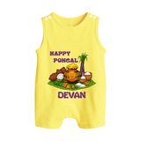 Happy Pongal Traditional Pot Print Kids Dungaree  with Name | Customized Romper Suit for Kid - PASTEL YELLOW - 0 - 5 Months Old (Chest 18")
