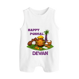 Happy Pongal Traditional Pot Print Kids Dungaree  with Name | Customized Romper Suit for Kid - WHITE - 0 - 5 Months Old (Chest 18")