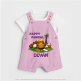 Happy Pongal Traditional Pot Print Kids Dungaree  with Name | Customized Dungaree for Kid - BABY PINK - 0 - 5 Months Old (Chest 18")