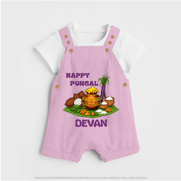 Happy Pongal Traditional Pot Print Kids Dungaree  with Name | Customized Dungaree for Kid - BABY PINK - 0 - 5 Months Old (Chest 18")